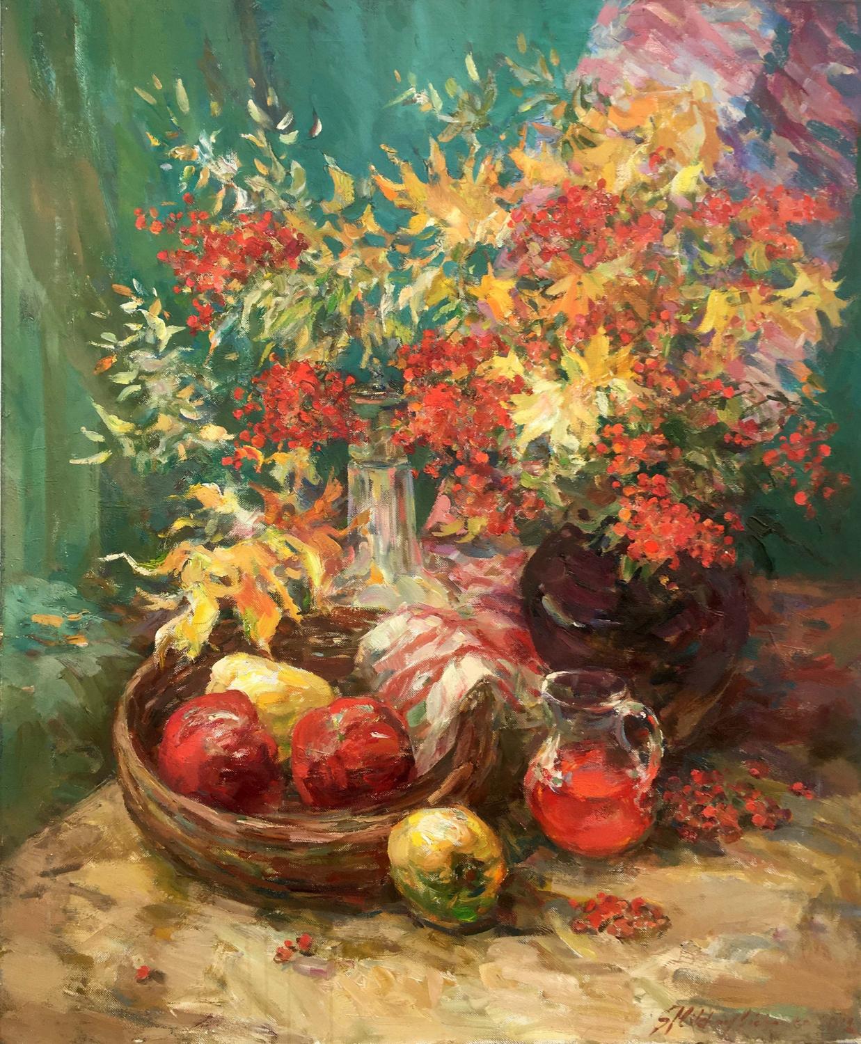 Autumn still life oil painting of red yellow flowers in dark vase by apple basket