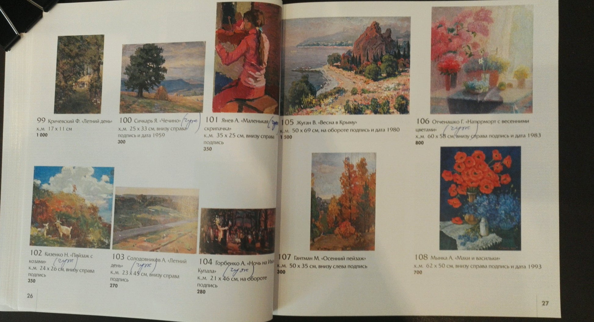 Open book listing oil paintings with titles, artists, sizes, prices in R., featuring Poppies and Hairs by Mynka Alexander Fedorovich