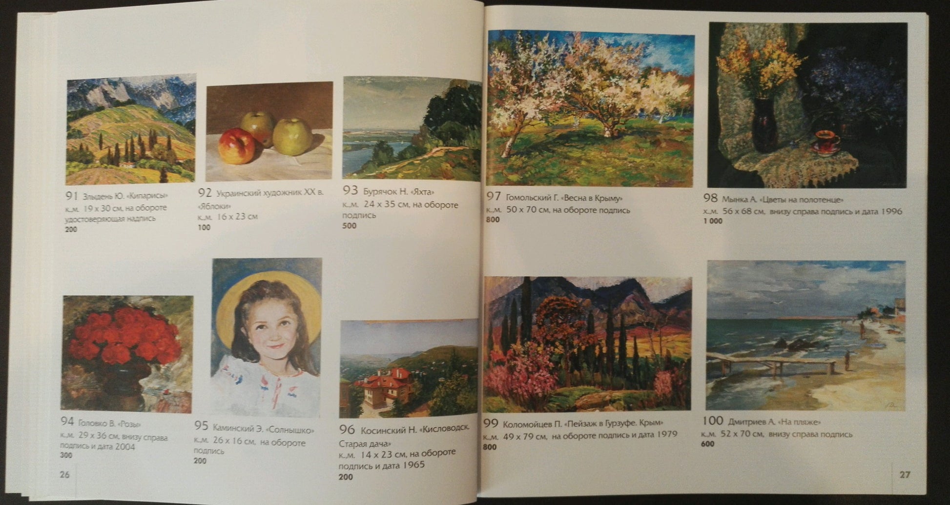 Catalog page of Mynka paintings including Oil painting Flowers on a towel with R. titles and dimensions