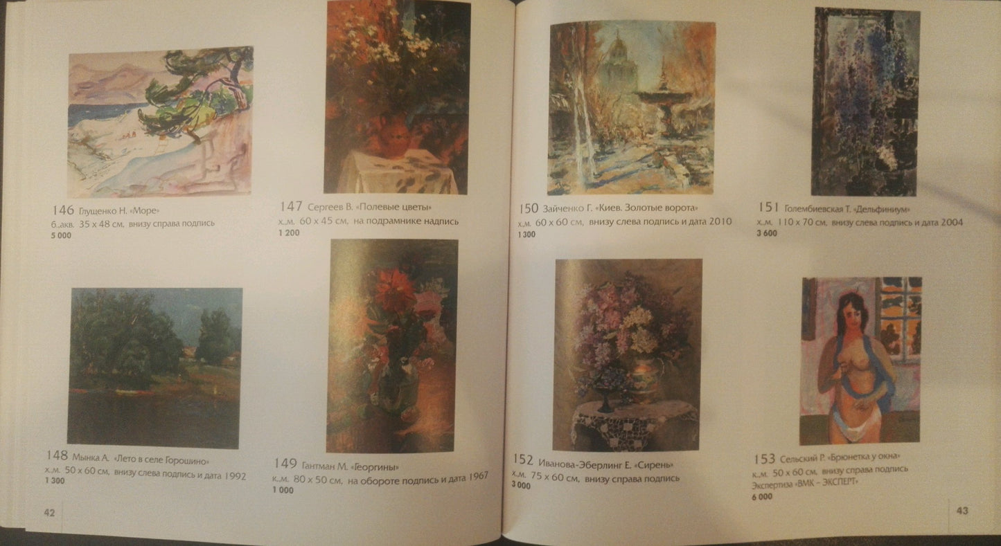 Catalog page of oil paintings by Mynka Alexander Fedorovich with R. titles and dimensions
