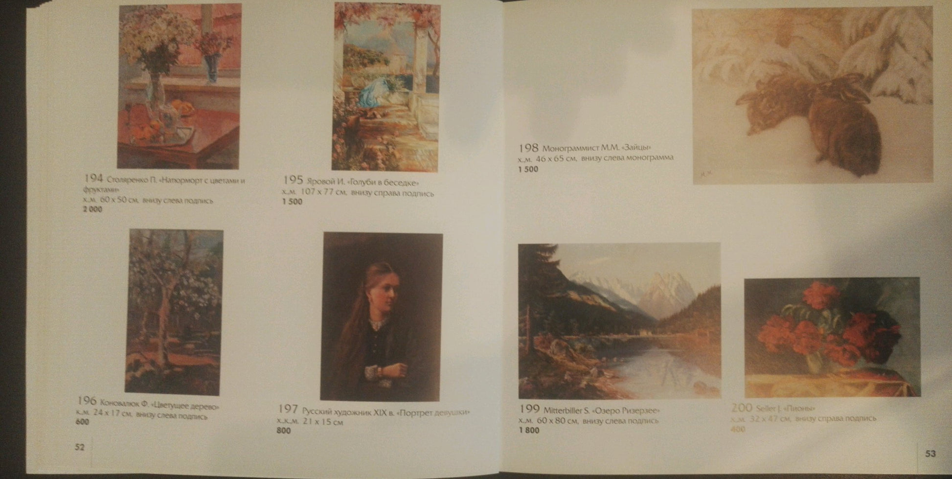 Catalog page of Oil painting Flowers by the window by Petr Kuzmich Stolyarenko with titles and prices