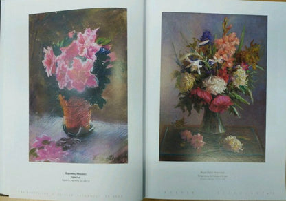 Oil painting of vibrant pink, blue, white flowers in wicker basket by Barsamov Nikolay Stepanovich