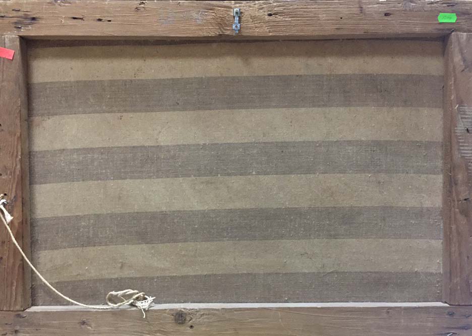 Back of rustic wooden-framed oil painting River landscape by Bonya Grigory Vasilievich with beige gray stripes
