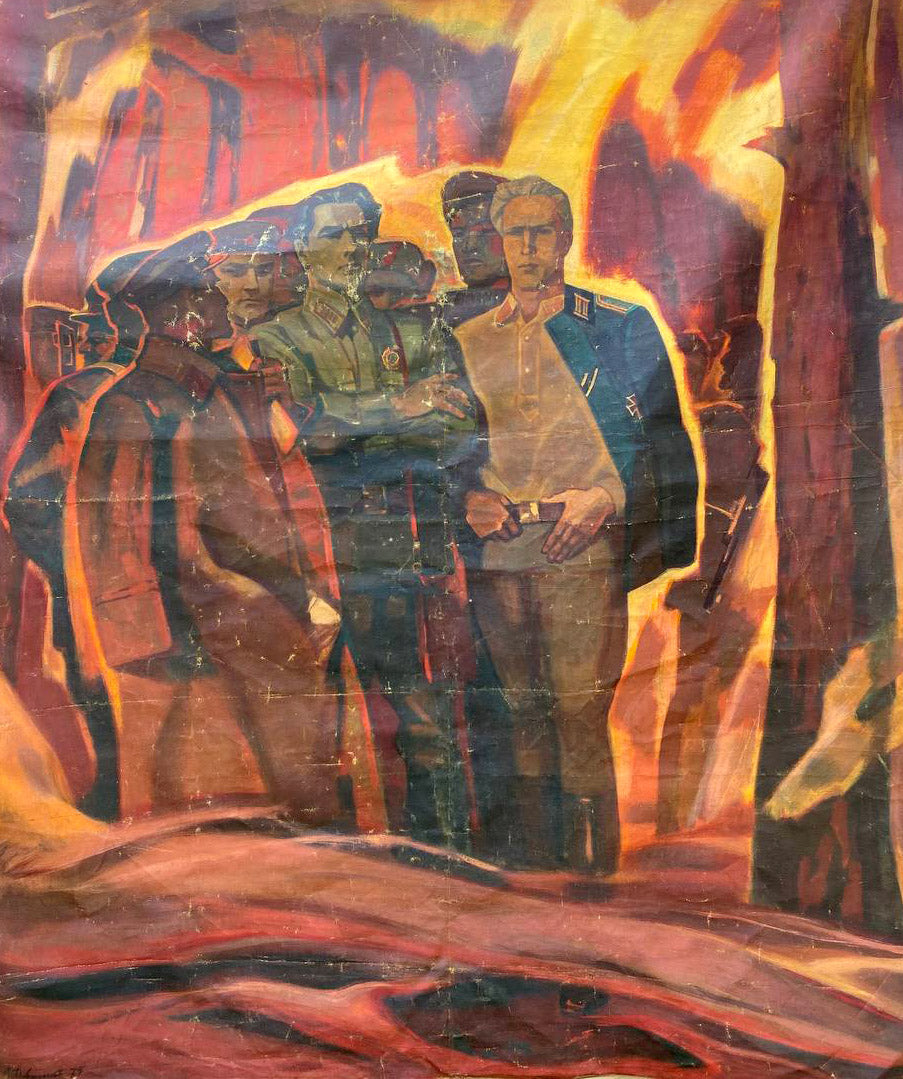 Weathered fiery military poster by Scout Kuznetsov, social realism oil painting
