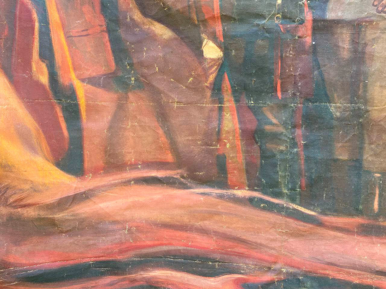 Scout Kuznetsov social realism oil painting Strong in spirit Dovzhenko Anatoly Ivanovich abstract expressionist bold red orange dark blue textured canvas