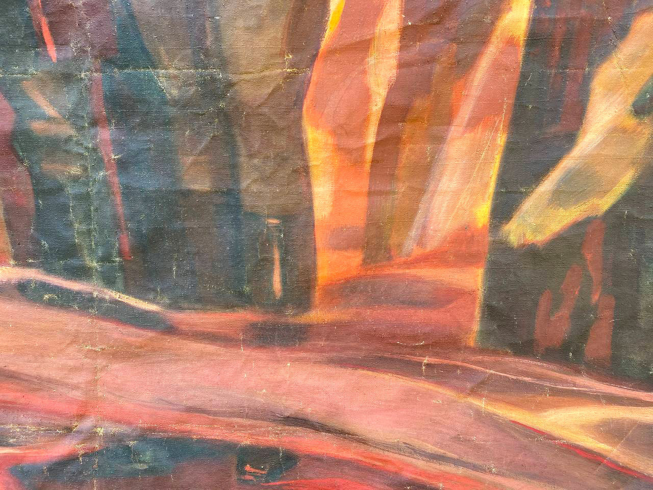 Social realism oil painting by Scout Kuznetsov, Strong in spirit, Dovzhenko Anatoly Ivanovich, abstract orange red blue strokes