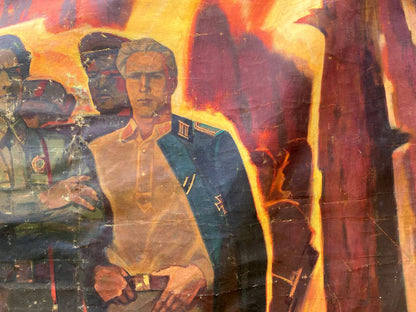 Vintage poster of Scout Kuznetsov in blue military jacket on fiery background