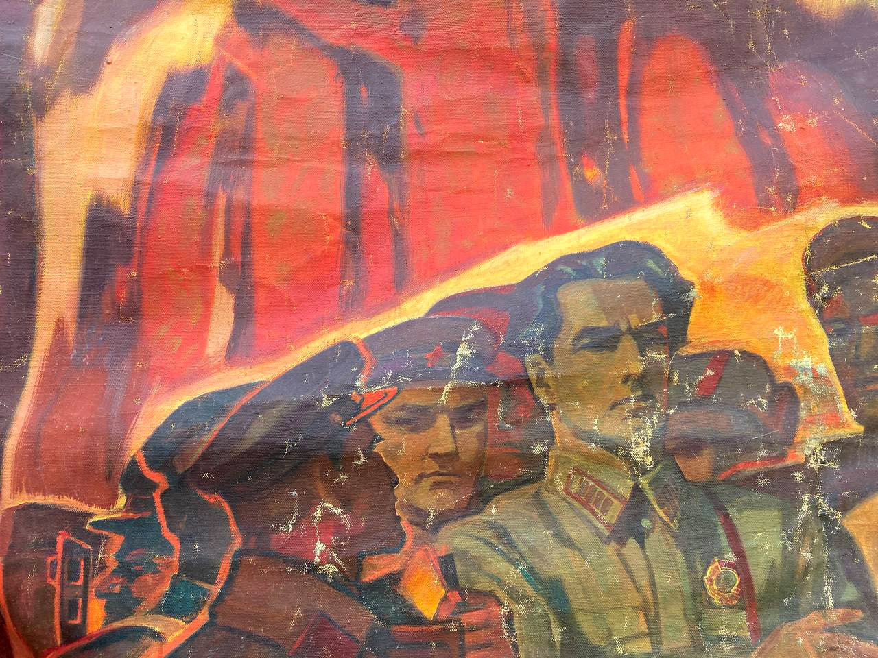 Vintage Scout Kuznetsov oil painting poster by Dovzhenko, officer in olive uniform