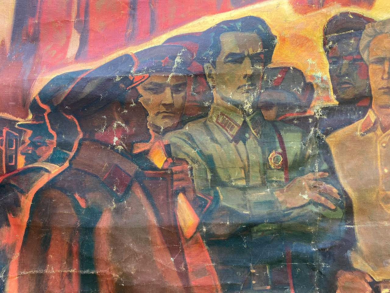 Worn vintage propaganda poster of Scout Kuznetsov oil painting by Dovzhenko
