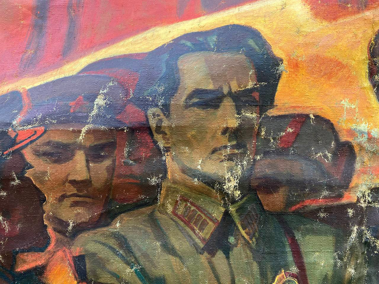 Social realism oil painting of stern soldier Scout Kuznetsov by Dovzhenko