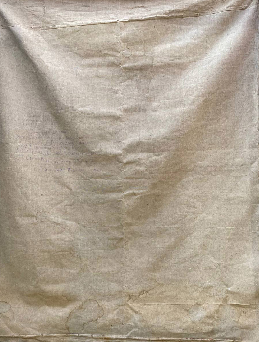 Faded off-white Scout Kuznetsov canvas tote bag with stains and stitching