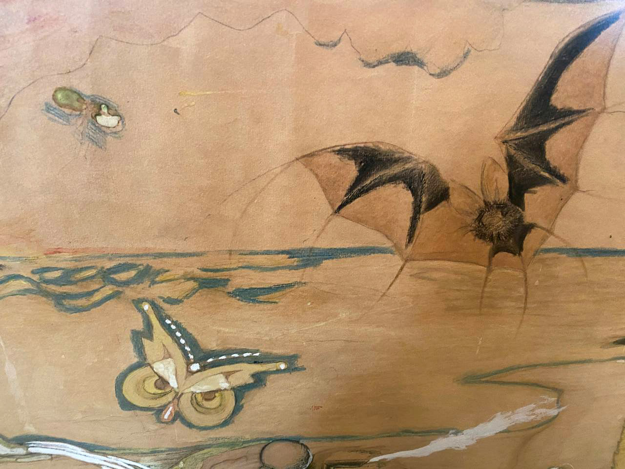 Hell by Mikhail Fyodorovich Larionov: mural of bats and butterfly