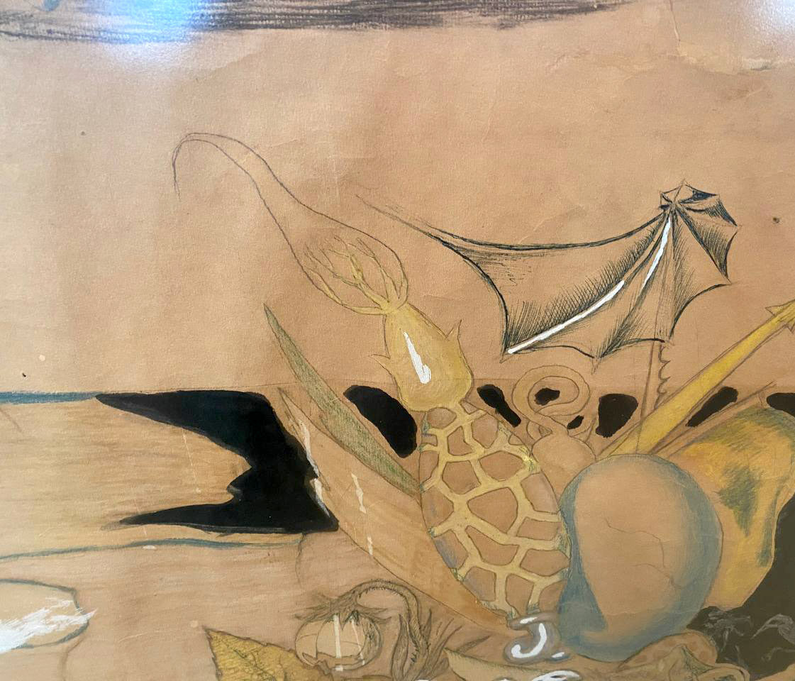 Detailed hand-painted yellowish squid by Hell Mikhail Fyodorovich Larionov