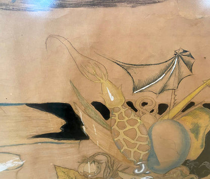 Detailed hand-painted yellowish squid by Hell Mikhail Fyodorovich Larionov