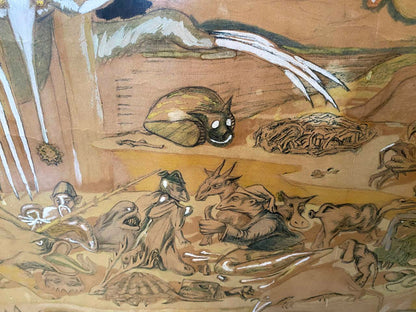 Whimsical hand-painted Hell by Mikhail Fyodorovich Larionov with cartoon cat