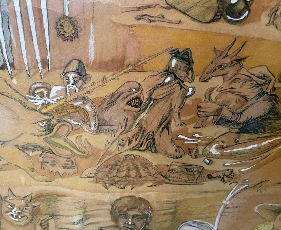 Whimsical hand-drawn Hell abstract painting by Mikhail Fyodorovich Larionov