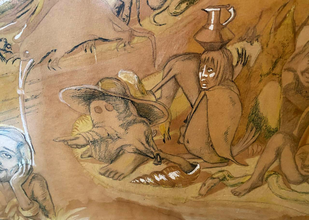 Brown hand-drawn figure balancing pitcher on head in Larionov Hell painting