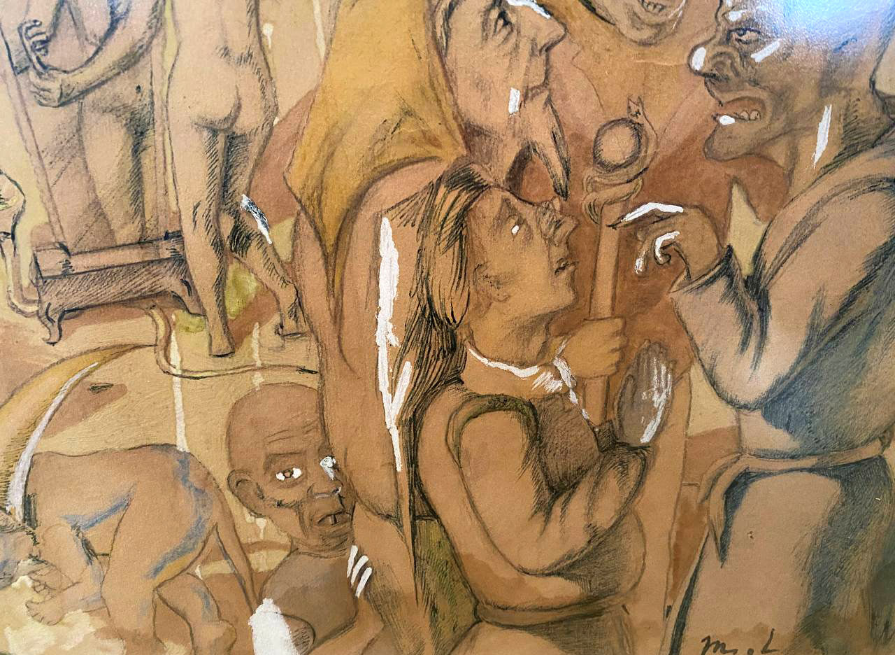 Detailed watercolor charcoal drawing of crowded Hell by Mikhail Fyodorovich Larionov