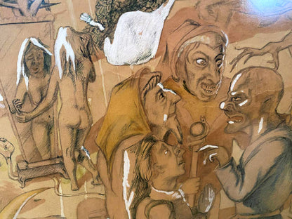 Detailed charcoal pastel drawing of distorted figures in Hell by Mikhail Fyodorovich Larionov