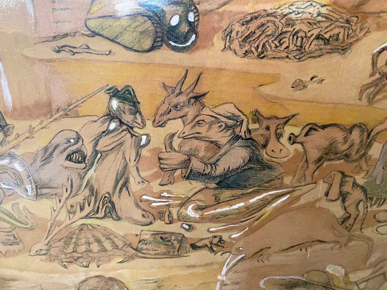 Whimsical hand-drawn fantastical creatures in earthy tones by Hell Mikhail Fyodorovich Larionov