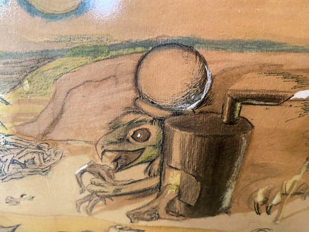 Whimsical green frog creature in Hell by Mikhail Fyodorovich Larionov art