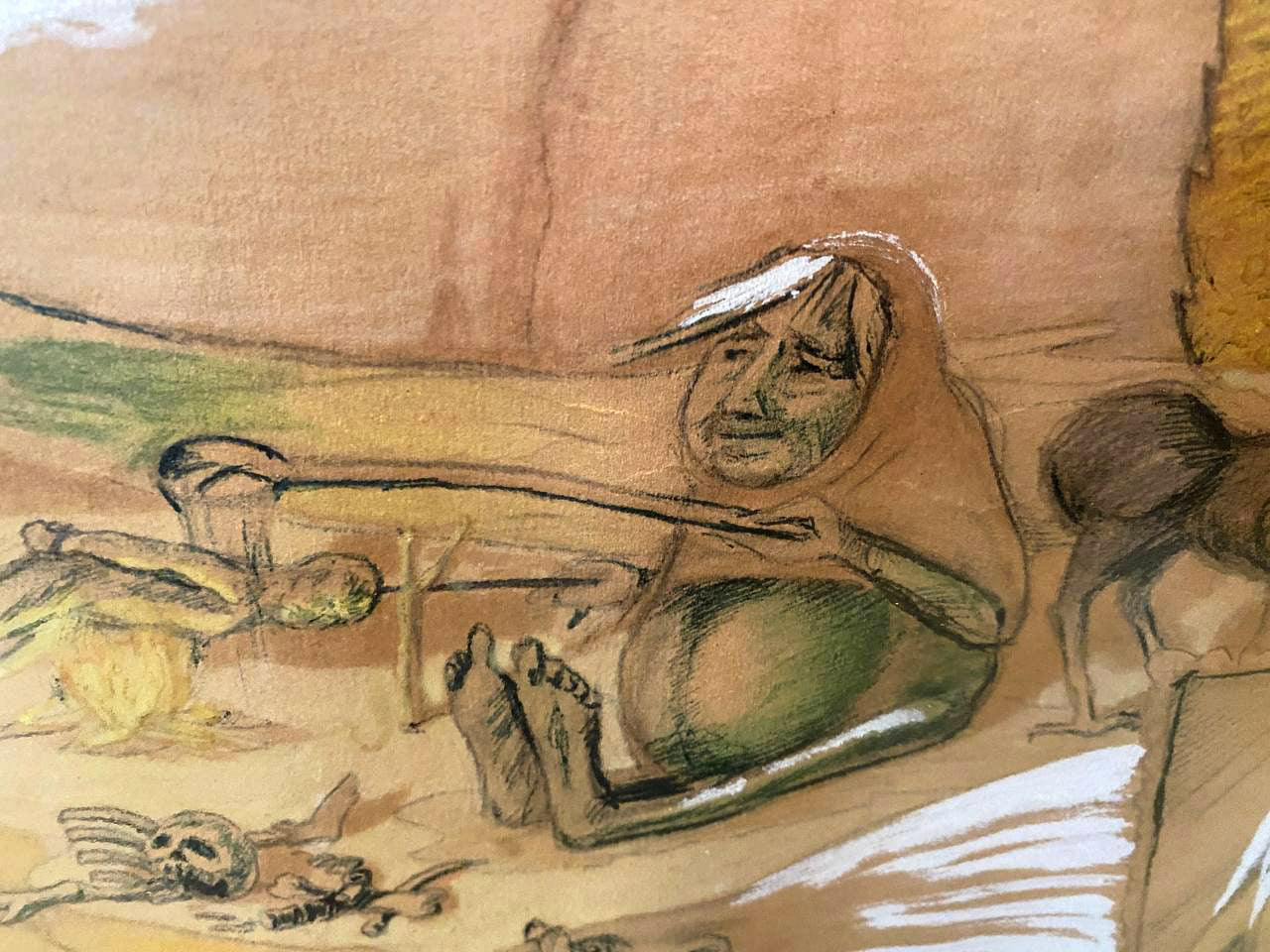 Sketch of woman in hooded cloak, bare feet, earthy tones by Hell Mikhail Fyodorovich Larionov