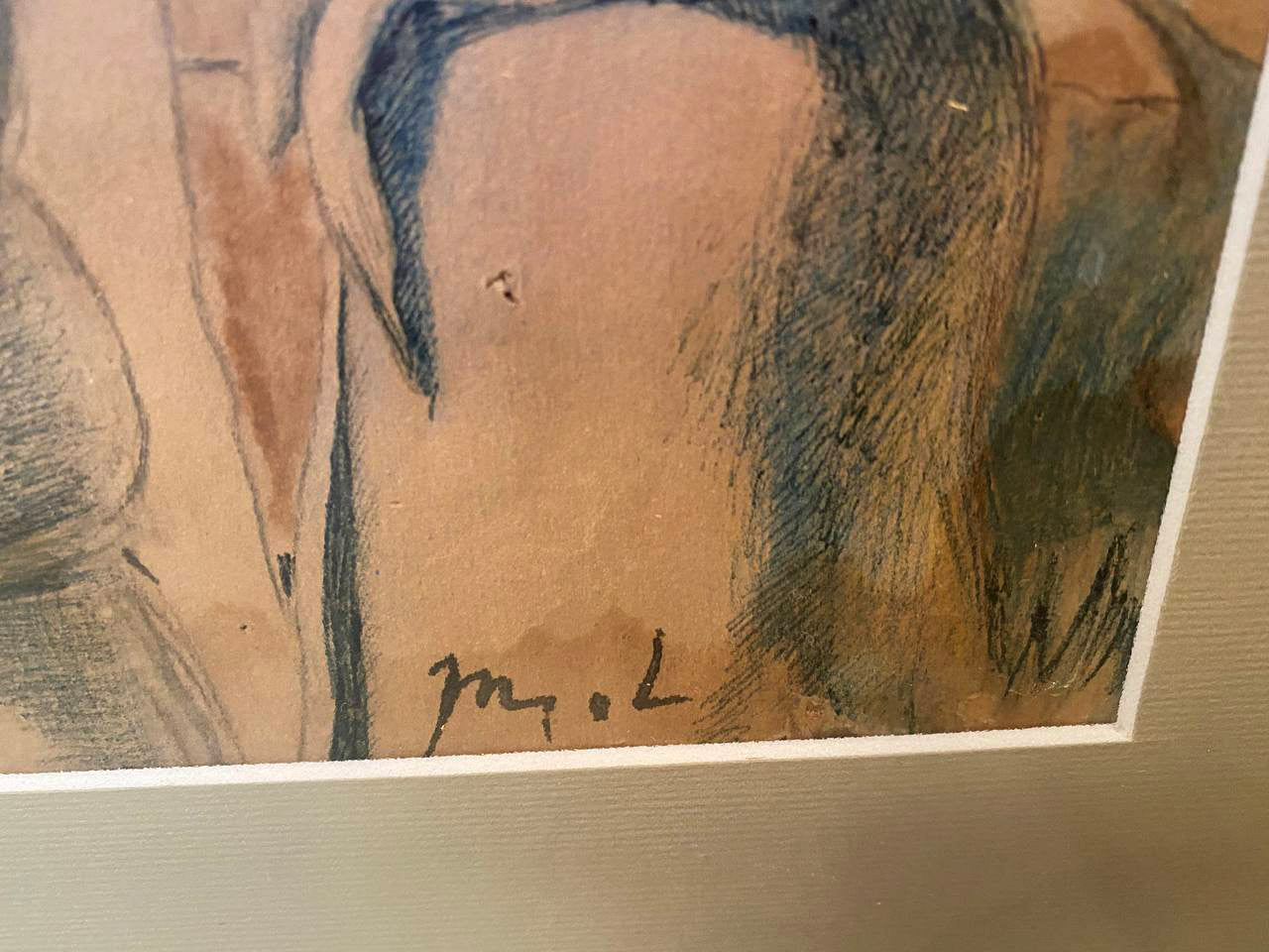 Framed watercolor of dark hair and skin tones signed m.l. Hell by Larionov