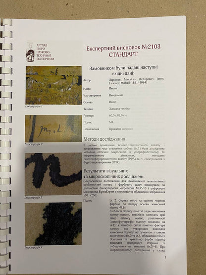 Document page from Hell abstract painting by Mikhail Fyodorov Larionov with inspectria 1-4 photos