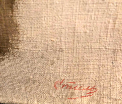 Back of Leonid Mikhailovich Stil oil painting portrait with red cursive signature on beige canvas