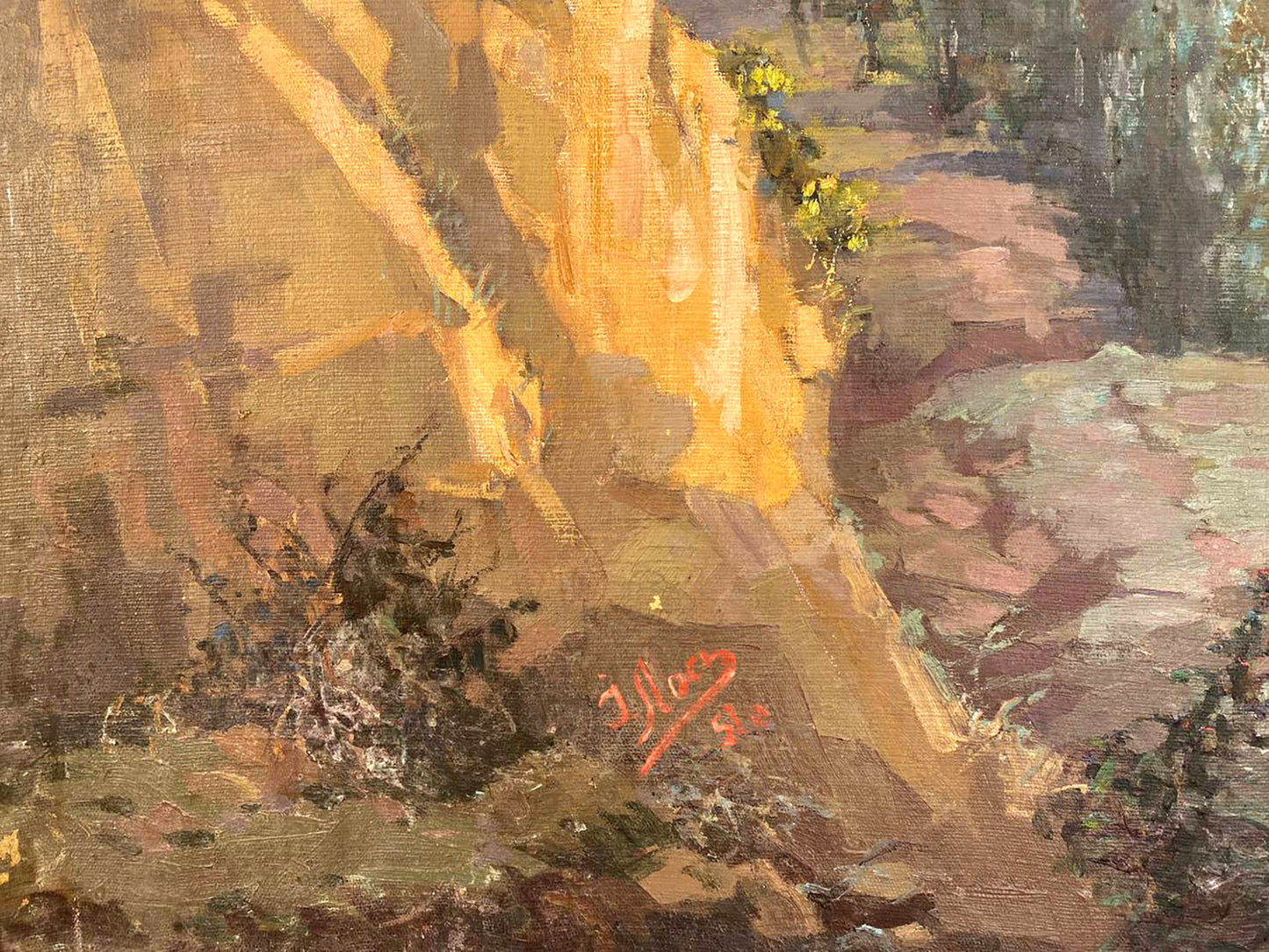 Oil painting Poltava region Los by Ivan Grigorievich: sunlit rocky landscape
