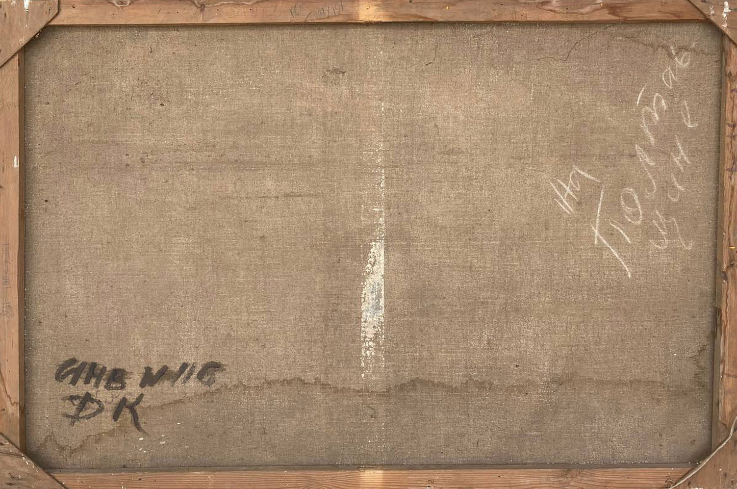 Back of framed Oil painting Poltava region Los by Ivan Grigorievich, beige linen backing