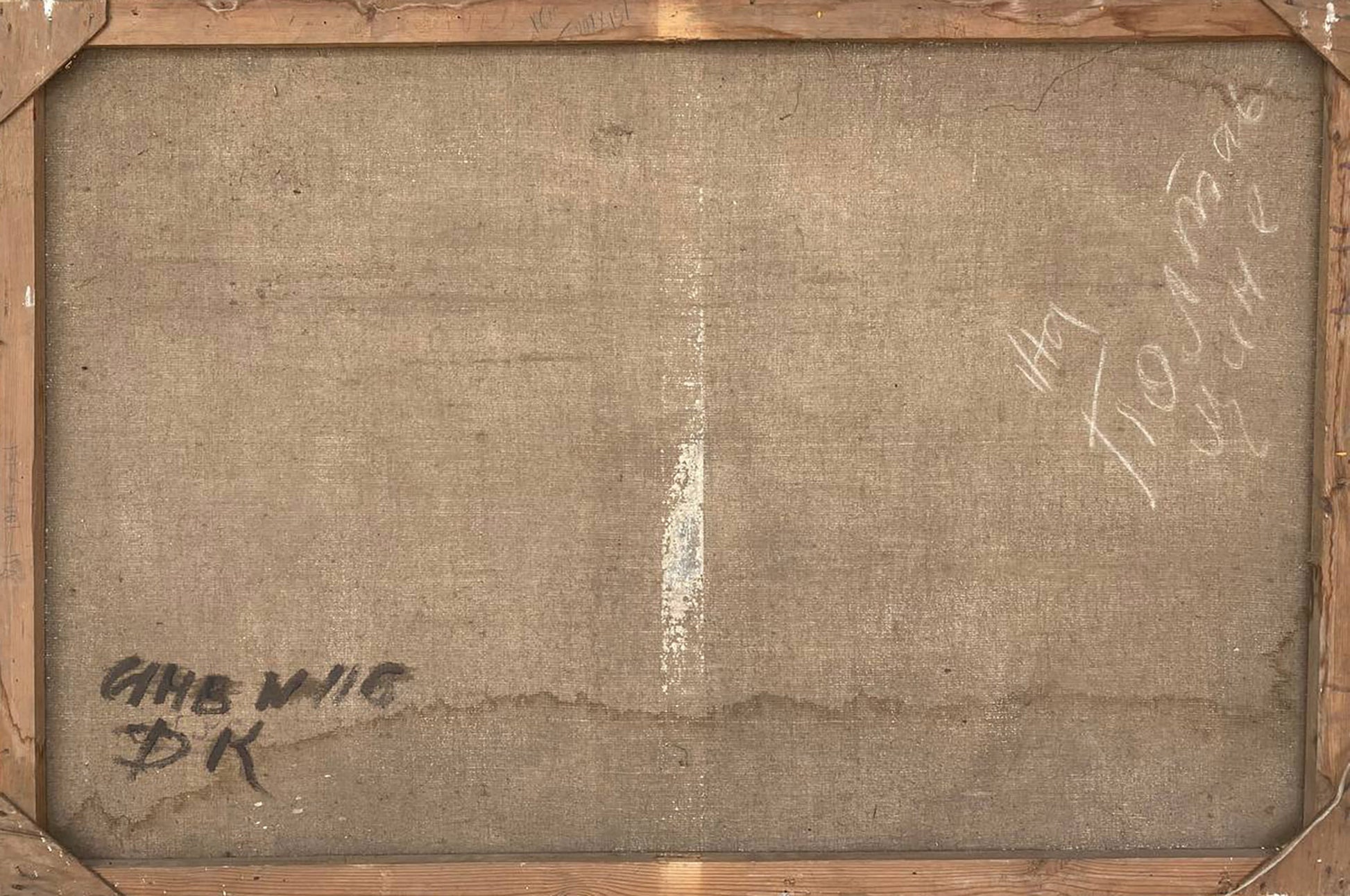 Back of framed Oil painting Poltava region Los by Ivan Grigorievich, beige linen backing