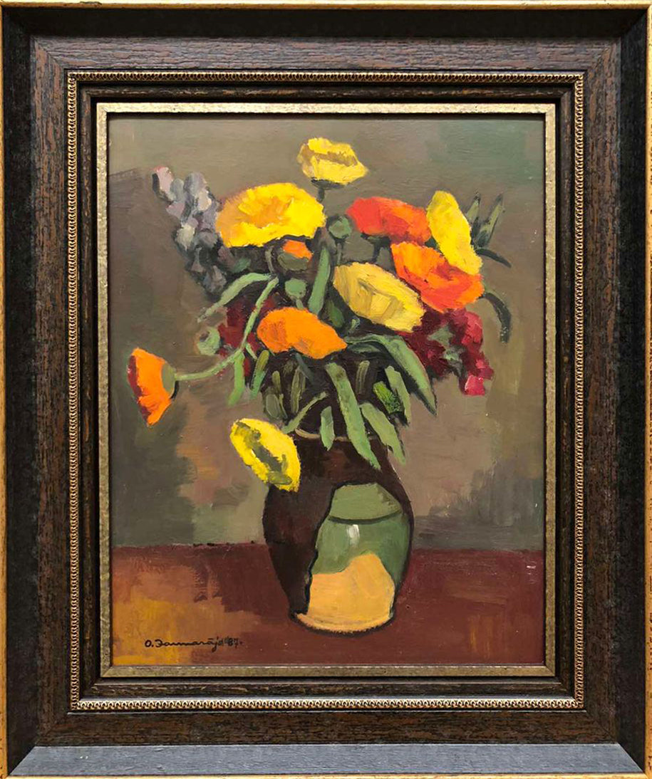 Oil painting Flowers Olgert Jaunarajs vibrant bouquet in wooden frame