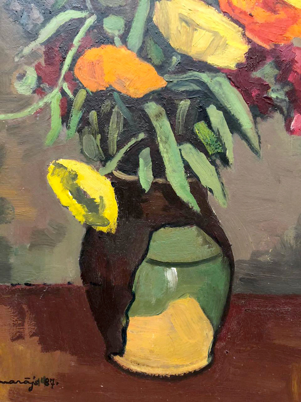 Oil painting Flowers Olgert Jaunarais: brown vase with orange yellow flowers
