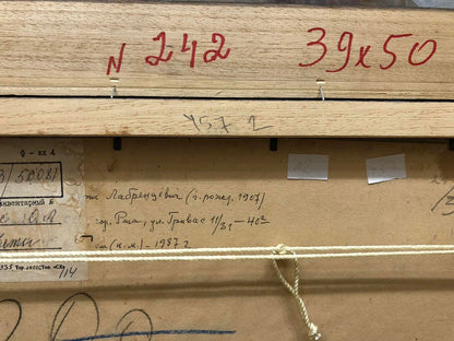 Back of Oil painting Flowers Olgert Jaunarajs with handwritten labels and red ink