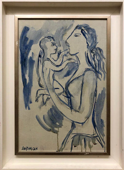 Blue ink watercolor of woman holding child by Lerman Zoya, signed