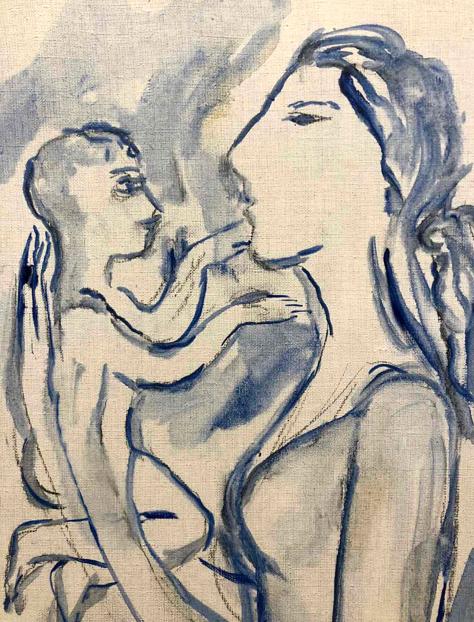 Blue ink sketch of woman holding child by Lerman Zoya oil painting
