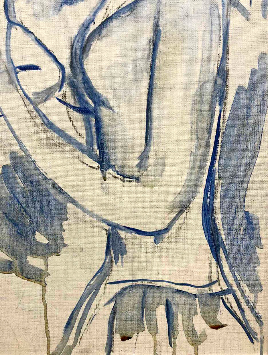 Blue ink sketch of stylized mothers portrait by Lerman Zoya on textured canvas