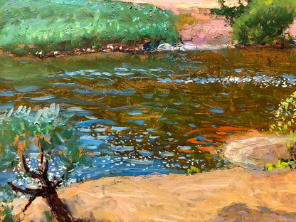 Vibrant impressionist oil painting by Grouse Maksimenko of tranquil koi pond