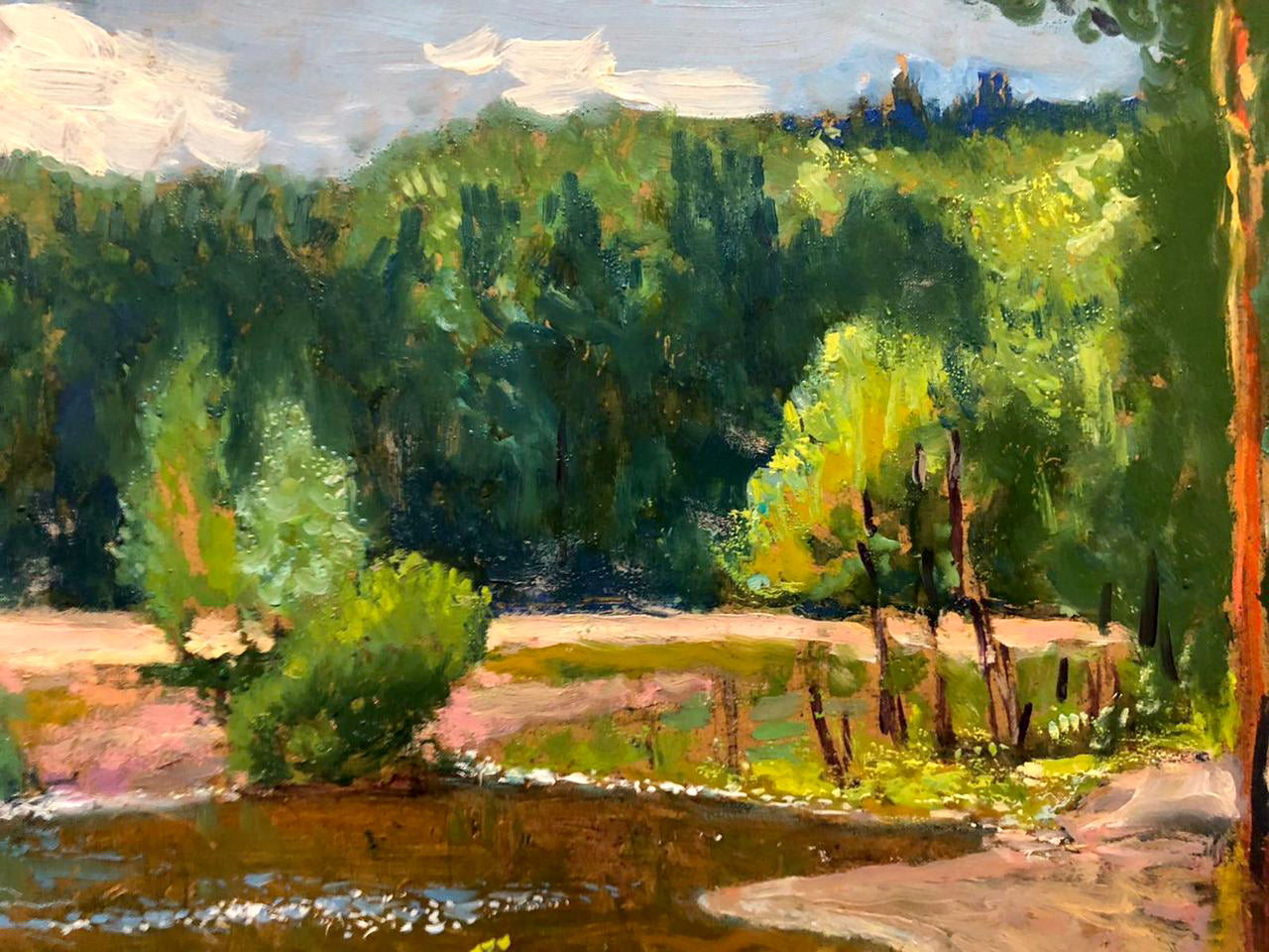 Vibrant impressionist oil painting by Mykola Antonovich Maksimenko: forested riverbank