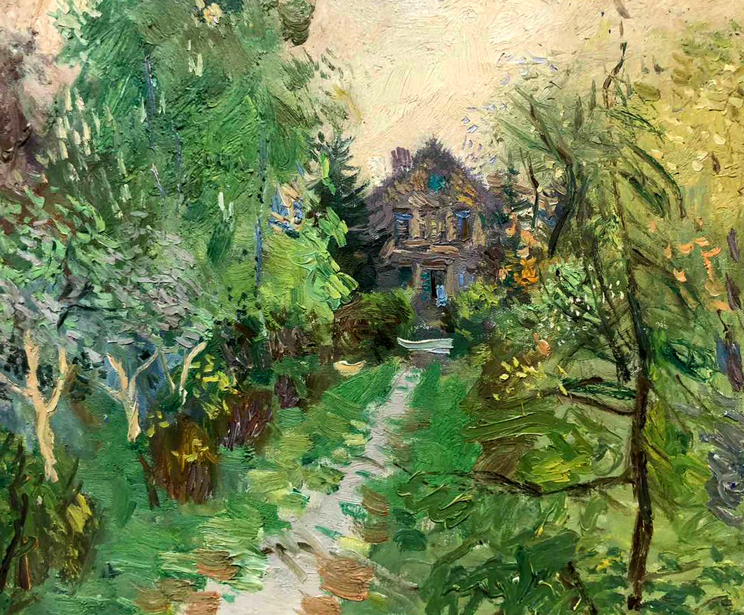 Oil painting House in the Woods by Zaretskyi Viktor lush impressionistic rustic house in foliage