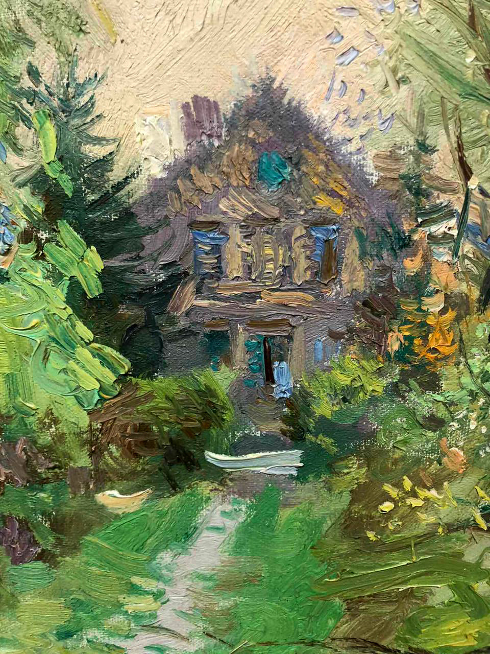 Oil painting of rustic house in woods by Zaretskyi Viktor