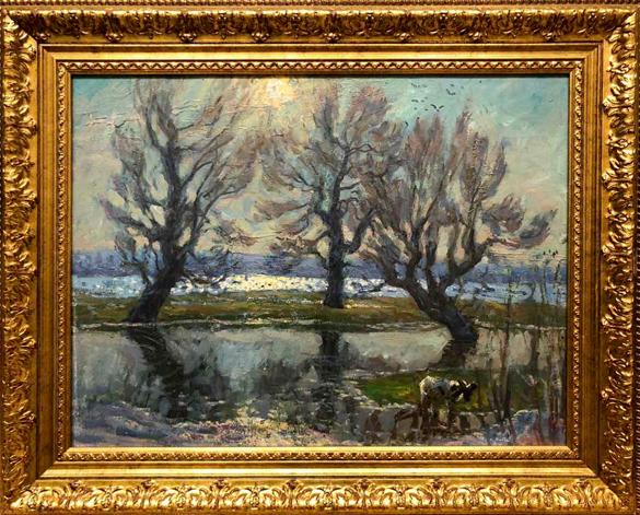 Oil painting Future champion by Maksimenko Mykola Antonovich, serene winter landscape