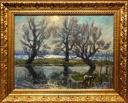 Oil painting Future champion by Maksimenko Mykola Antonovich, serene winter landscape
