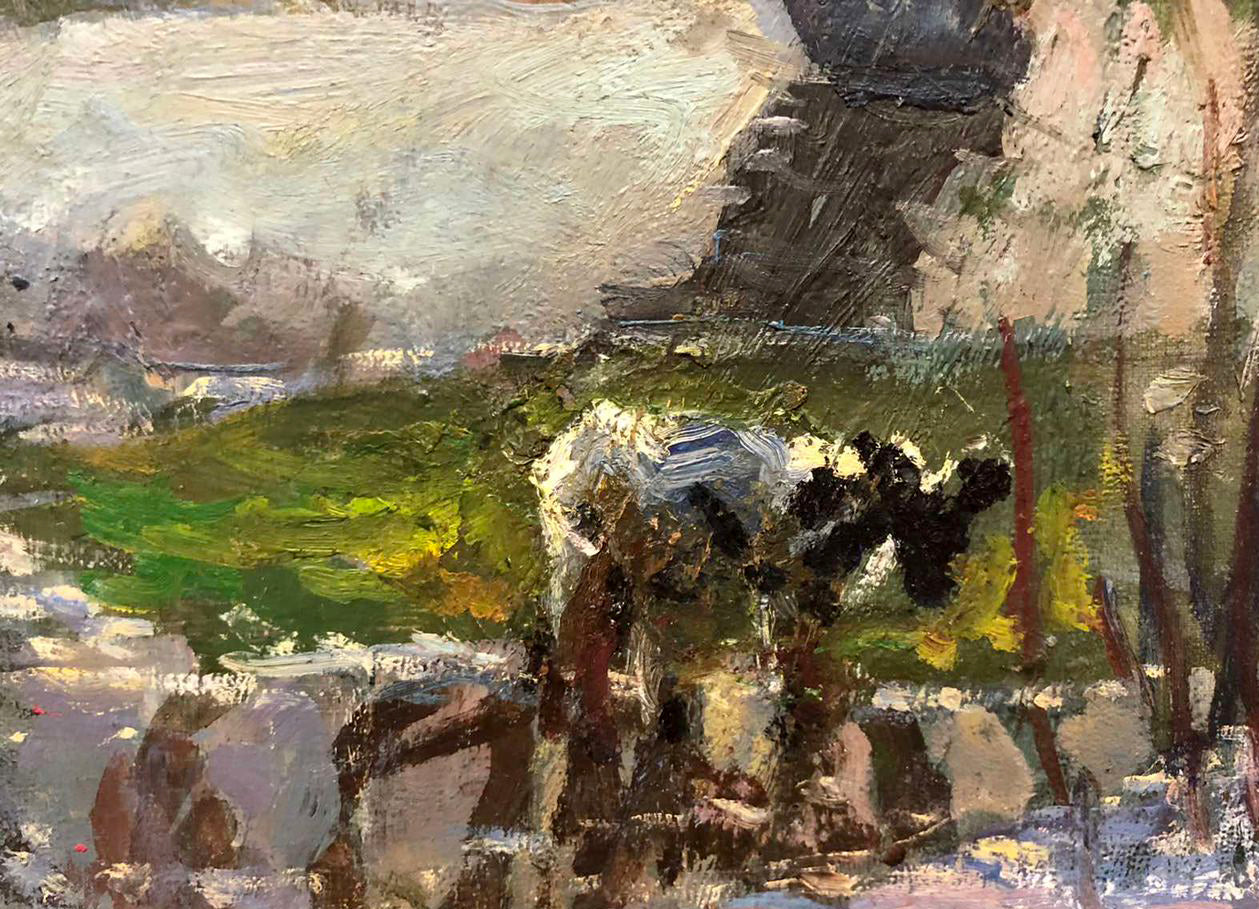 Oil painting of black and white cow in green pasture by Maksimenko Mykola Antonovich
