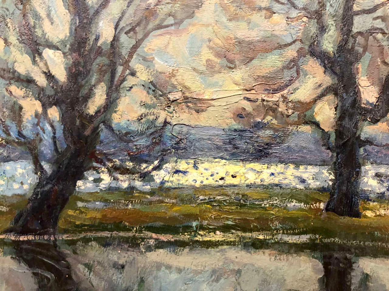 Impressionistic oil painting by Maksimenko Mykola Antonovich of bare trees framing reflective waterway