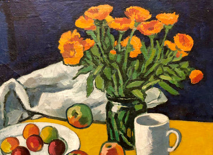 Oil painting of vibrant orange marigolds in dark green vase by Olgert Jaunarajs