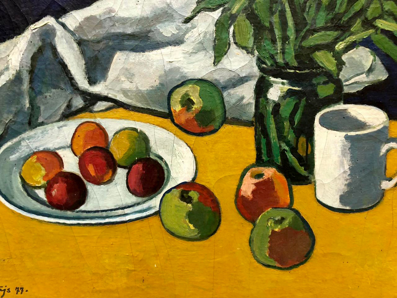 Oil painting Still Life with Flowers Olgert Jaunarajs colorful apples
