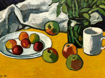 Oil painting Still Life with Flowers Olgert Jaunarajs colorful apples