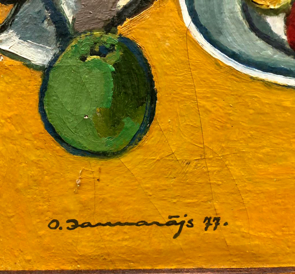 Vibrant green olive in Olgert Jaunarajs oil painting Still Life with Flowers